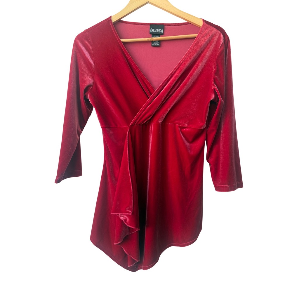 Baranda Faux Wrap Red Velvet Top Size M Asymmetrical Ruffle Holiday Party